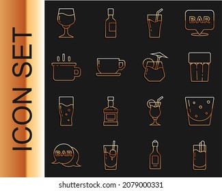 Set line Cocktail Bloody Mary, Glass of rum, with water, juice, Coffee cup, Wine glass and  icon. Vector