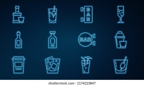 Set line Cocktail Bloody Mary, shaker, Street signboard with Bar, Alcohol drink Rum, Champagne bottle, Whiskey and glass,  and  icon. Vector