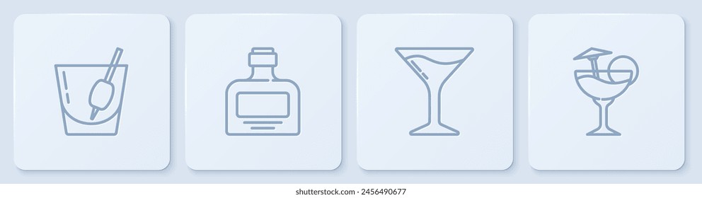 Set line Cocktail Bloody Mary, Martini glass, Whiskey bottle and . White square button. Vector