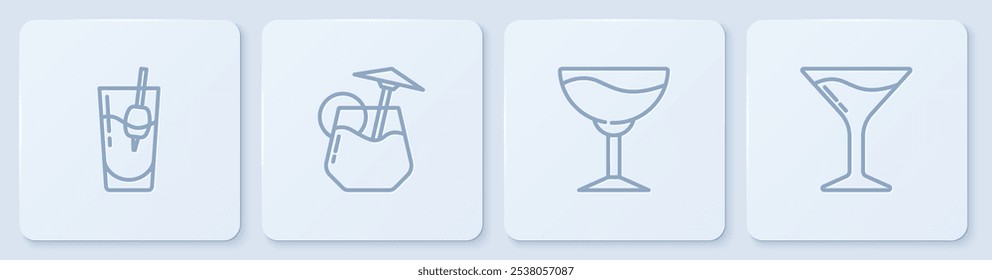 Set line Cocktail Bloody Mary, Wine glass,  and Martini. White square button. Vector