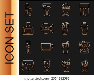 Set line Cocktail Bloody Mary, Glass of whiskey, shaker, Alcohol bar location, Street signboard with Bar, Whiskey bottle, Champagne and glass and  icon. Vector