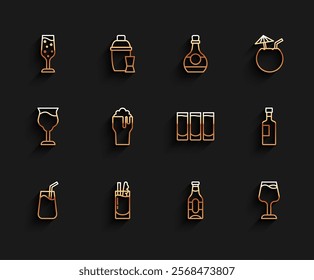 Set line Cocktail, Bloody Mary, Glass of champagne, Beer bottle, Wine glass, beer,  and Shot icon. Vector