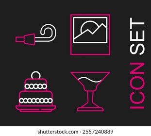 Set line Cocktail, Cake, Photo and Birthday party horn icon. Vector