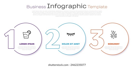 Set line Cocktail, Carnival garland with flags and Firework. Business infographic template. Vector
