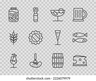 Set line Cocktail, Cheese, Pickled cucumber on fork, cucumbers in jar, Bottle cap, Wooden barrel and Dried fish icon. Vector