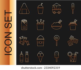 Línea Cocktail, galleta Cracker, tallarines y palillos asiáticos, carrito de comida rápida callejera, pierna de pollo en la caja del paquete, brocheta de Doner, Onigiri y tazón de arroz con icono. Vector