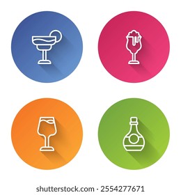 Set line Cocktail, Glass of beer, Wine glass and Bottle cognac or brandy. Color circle button. Vector