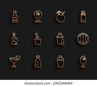 Set line Cocktail, Glass bottle of vodka, Whiskey, shaker, beer, Champagne in an ice bucket, Wooden barrel and  icon. Vector