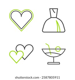 Set line Cocktail, Heart, Woman dress and  icon. Vector