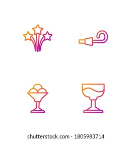 Set line Cocktail, Ice cream in bowl, Firework and Birthday party horn. Gradient color icons. Vector