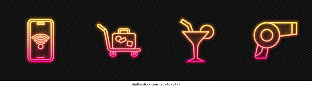 Set line Cocktail, Mobile with wi-fi wireless, Trolley suitcase and Hair dryer. Glowing neon icon. Vector