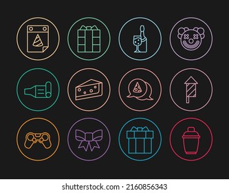 Set line Cocktail shaker, Firework rocket, Champagne bottle, Piece of cake, Birthday party horn, Calendar, Slice pizza and Gift box icon. Vector