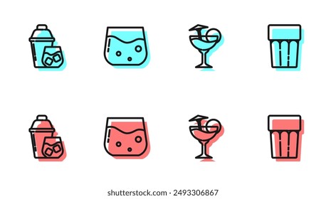 Set line Cocktail, shaker, Glass of whiskey and with water icon. Vector
