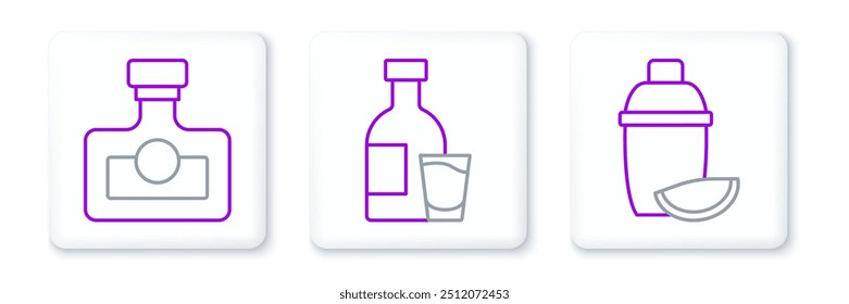 Set line Coctelera con lima, bebida alcohólica Ron y botella de vodka icono de cristal. Vector