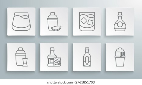 Set line Cocktail shaker, with lime, Whiskey bottle and glass, Beer, Glass of beer, whiskey, Bottle cognac or brandy and  icon. Vector