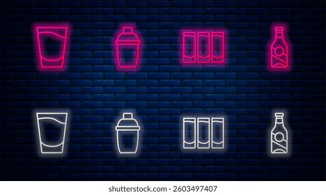Set line Cocktail shaker, Shot glass,  and Beer bottle. Glowing neon icon on brick wall. Vector