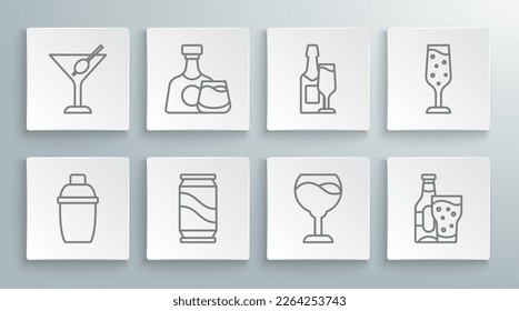 Set line Cocktail shaker, Whiskey bottle and glass, Beer can, Wine, Champagne, Glass of champagne and Martini icon. Vector