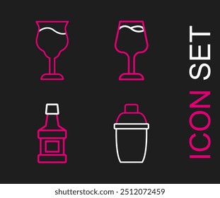 Set line Cocktail shaker, Whiskey bottle, Wine glass and  icon. Vector