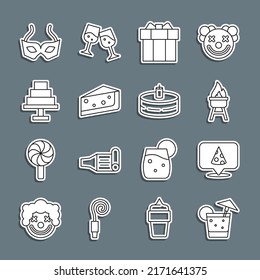 Set line Cocktail, Slice of pizza, Barbecue grill, Gift box, Piece cake, Cake, Festive mask and with burning candles icon. Vector