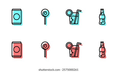 Set line Cocktail, Soda can with straw, Lollipop and Bottle of water icon. Vector