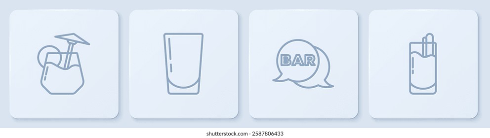 Set line Cocktail, Street signboard with Bar, Glass water and Bloody Mary. White square button. Vector