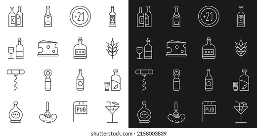 Set line Cocktail, Vodka with pepper and glass, Hop, Alcohol 21 plus, Cheese, Wine bottle, Bottles of wine and drink Rum icon. Vector