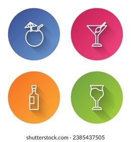 Set line Coconut cocktail, Martini glass, Wine bottle and . Color circle button. Vector