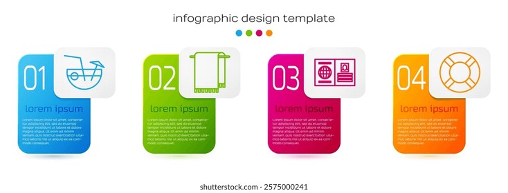 Set line Coconut cocktail, Towel on a hanger, Passport and Lifebuoy. Business infographic template. Vector