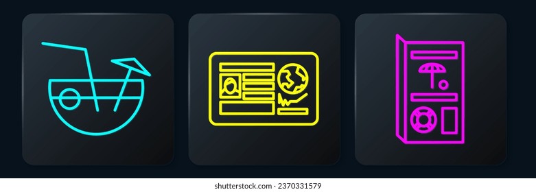 Set line Coconut cocktail, Travel brochure and Passport with visa stamp. Black square button. Vector