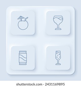 Set line Coconut cocktail, Wine glass, Beer can and Glass of champagne. White square button. Vector