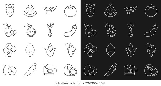 Set line Coconut, Grape fruit, Eggplant, Peas, Pear, Healthy, Strawberry and Onion icon. Vector