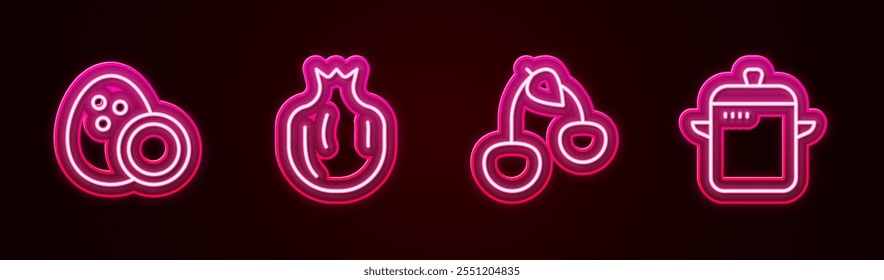 Set line Coconut, Pomegranate, Cherry and Cooking pot. Glowing neon icon. Vector