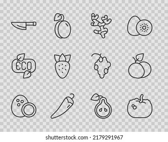 Set line Coconut, Pumpkin, Ginger root, Hot chili pepper, Knife, Strawberry, Pear and Mango fruit icon. Vector