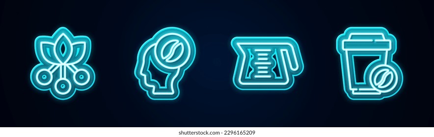 Set-line Kaffeebohnen, Ast, Barista, Topf und Tasse zu gehen. Leuchtendes Neonsymbol. Vektorgrafik