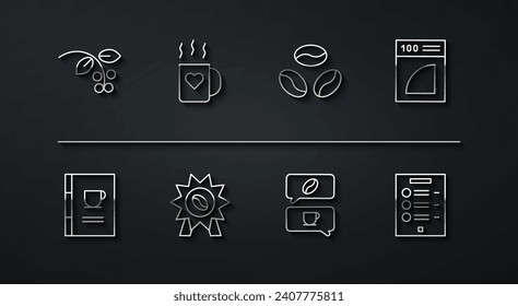 Set line Coffee bean, branch, book, paper filter, and conversation, Medal for coffee, cup heart, menu and beans icon. Vector