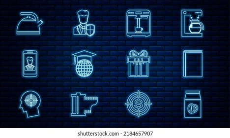 Set line Coffee beans in bag, Book, machine and cup, Graduation cap on globe, Smartphone with contact, Kettle handle, Gift box and User protection icon. Vector