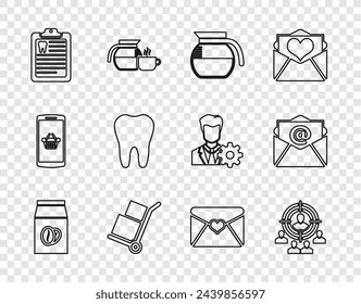 Set line Coffee beans in bag, Marketing target strategy, pot, Hand truck and boxes, Clipboard with dental card, Tooth, Envelope Valentine heart and Mail e-mail icon. Vector