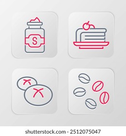 Set line Coffee beans, Bread loaf, Piece cake and Jar sugar icon. Vector