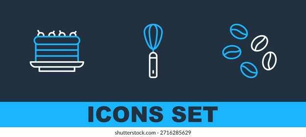 Set line Coffee beans, Cake and Kitchen whisk icon. Vector