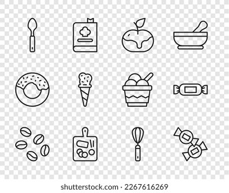 Set line Coffee beans, Candy, Apple in caramel, Cutting board, Spoon, Ice cream waffle cone, Kitchen whisk and  icon. Vector