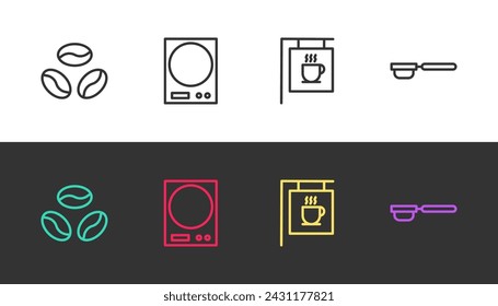 Set line Granos de café, básculas electrónicas, café de señalización de calle y soporte de filtro en blanco y negro. Vector