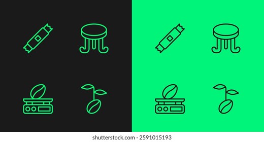 Set line Coffee beans, Electronic coffee scales, Sugar stick packets and table icon. Vector