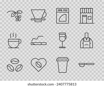 Set line Coffee beans, filter holder, paper, Lovers, bean, branch, Cigarette, cup to go and Barista icon. Vector