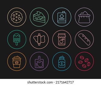 Set line Coffee beans, French baguette bread, Cookbook, Rolling pin on dough, Ice cream, Cookie or biscuit, Jam jar and Piece cake icon. Vector