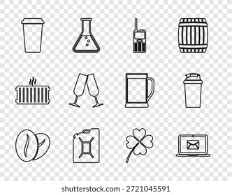 Set line Granos de café, portátil con sobre, walkie talkie, bote para gasolina, taza, vasos de champán, trébol de cuatro hojas y el icono de la coctelera de fitness. Vector