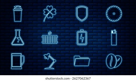 Set line Coffee beans, Lighter, Shield, Heating radiator, Test tube and flask, Fitness shaker, Battery and Four leaf clover icon. Vector