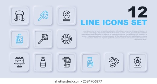 Set line Coffee beans, Location with coffee cup, filter holder, Electric grinder, Espresso tonic, Milk bottle, Spatula grain and maker moca pot icon. Vector