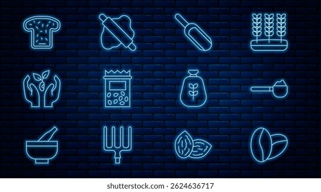 Definir linha Grãos de café, Xícara de medição com farinha, Colher, Pack planta de sementes completas, Mão de planta, Torrada de pão, Saco e Rolo no ícone de massa. Vetor