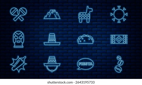 Set line Coffee beans, Mexican carpet, Pinata, sombrero, wrestler, Maracas, Taco with tortilla and Volcano eruption lava icon. Vector