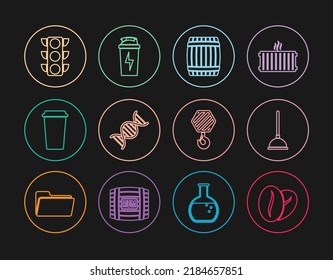 Set line Coffee beans, Rubber plunger, Wooden barrel, DNA symbol, cup, Traffic light, Industrial hook and Fitness shaker icon. Vector